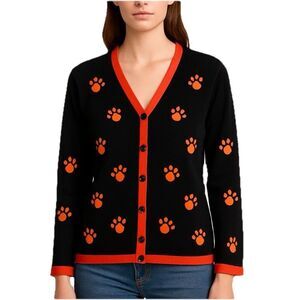 Terazzo Women’s Large Black Cardigan Paw Print Sweater Orange Trim Dog Cat